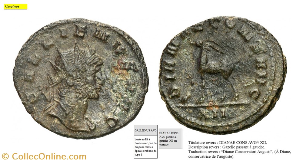 monnaies antiques romaines imperiales et republicaines rome gallien dianae cons avg gazelle a gauche xii en exergue gallienus avg