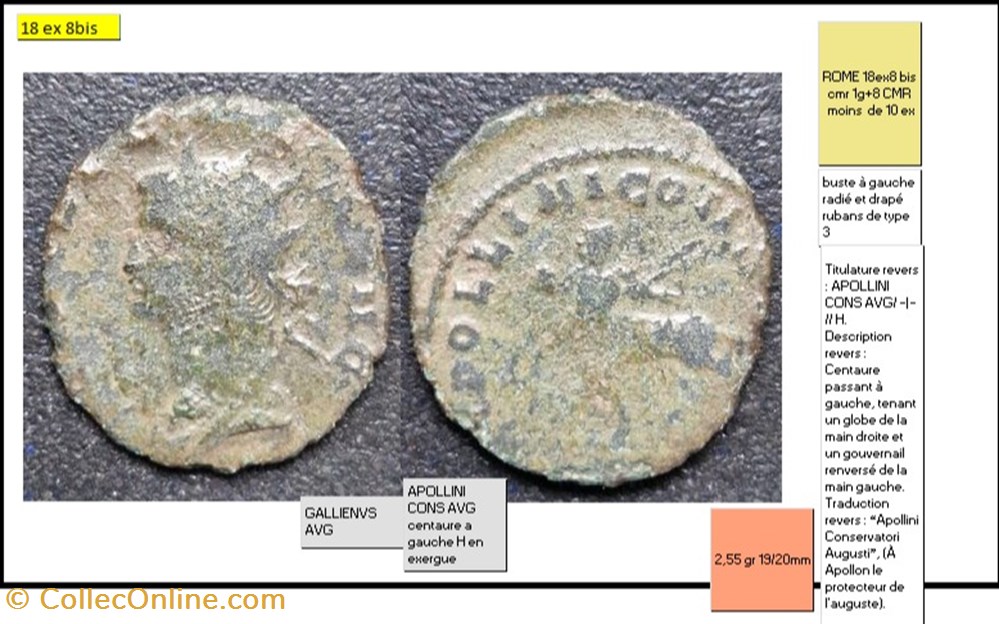 monnaies antiques romaines imperiales et republicaines rome gallien apollini cons avg centaure a gauche h en exergue gallienvs avg
