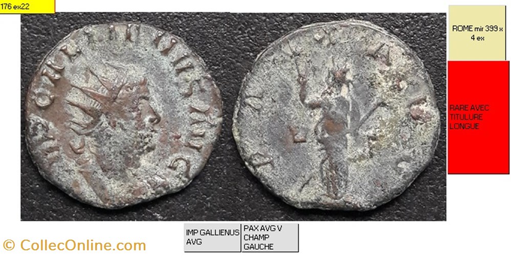 ROME GALLIEN PAX AVG V champ gauche IMP GALLIENVS AVG monnaies antiques romaines imperiales et republicaines rome gallien pax avg v champ gauche imp gallienvs avg
