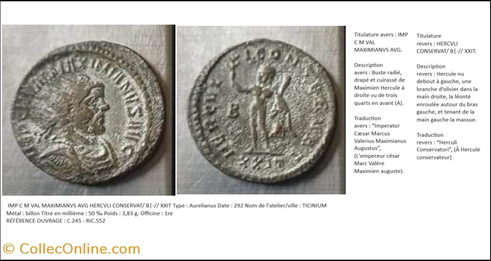 monnaies antiques romaines imperiales et republicaines ticinium maximien hercule hercvli conservat b champ gauche xxit en exergue imp c m val maximianvs
