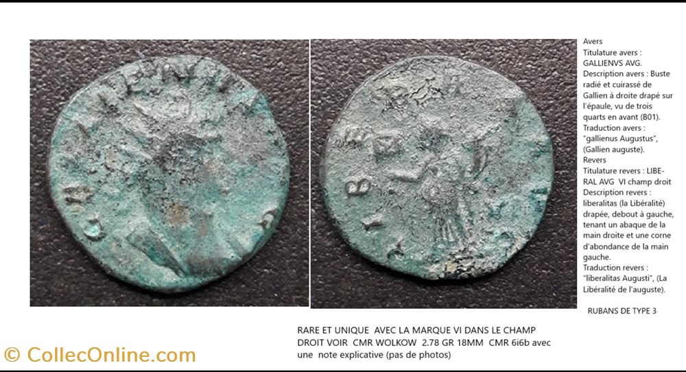 ROME GALLIEN LIBERAL AVG VI champ droit GALLIENUS AVG monnaies antiques romaines imperiales et republicaines rome gallien liberal avg vi champ droit gallienus avg