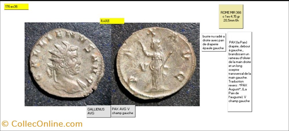 ROME GALLIEN PAX AVG V champ gauche GALLIENUS AVG monnaies antiques romaines imperiales et republicaines rome gallien pax avg v champ gauche gallienus avg
