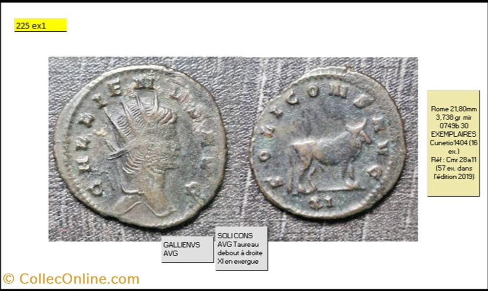 monnaies antiques romaines imperiales et republicaines rome gallien soli cons avg taureau debout a droite xi en exergue gallienvs avg