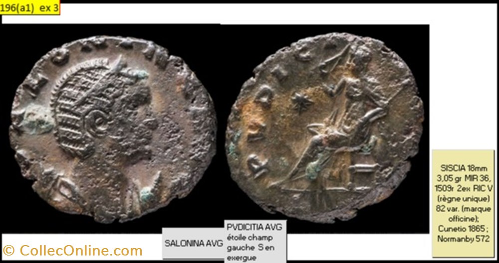 SISCIA SALONINE PVDICITIA AVG étoile champ gauche S en exergue SALONINA AVG monnaies antiques romaines imperiales republicaines siscia salonine pvdicitia avg etoile champ gauche s en exergue salonina avg