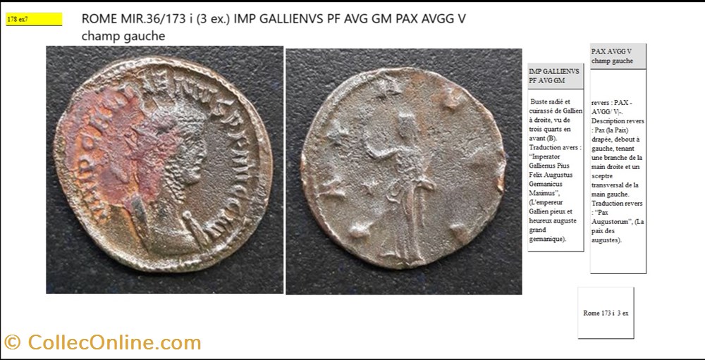 ROME GALLIEN PAX AVGG V champ gauche IMP GALLIENVS PF AVG GM monnaies antiques romaines imperiales et republicaines rome gallien pax avgg v champ gauche imp gallienvs pf avg gm