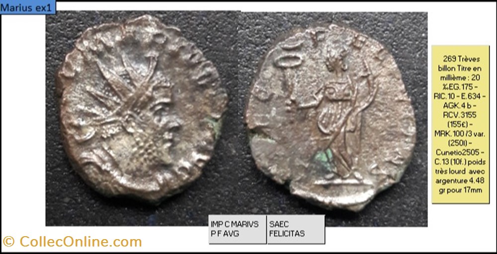 TREVES MARIUS SAEC FELICITAS IMP C MARIVS P F AVG monnaies antiques romaines imperiales et republicaines treves marius saec felicitas imp c marivs p f avg