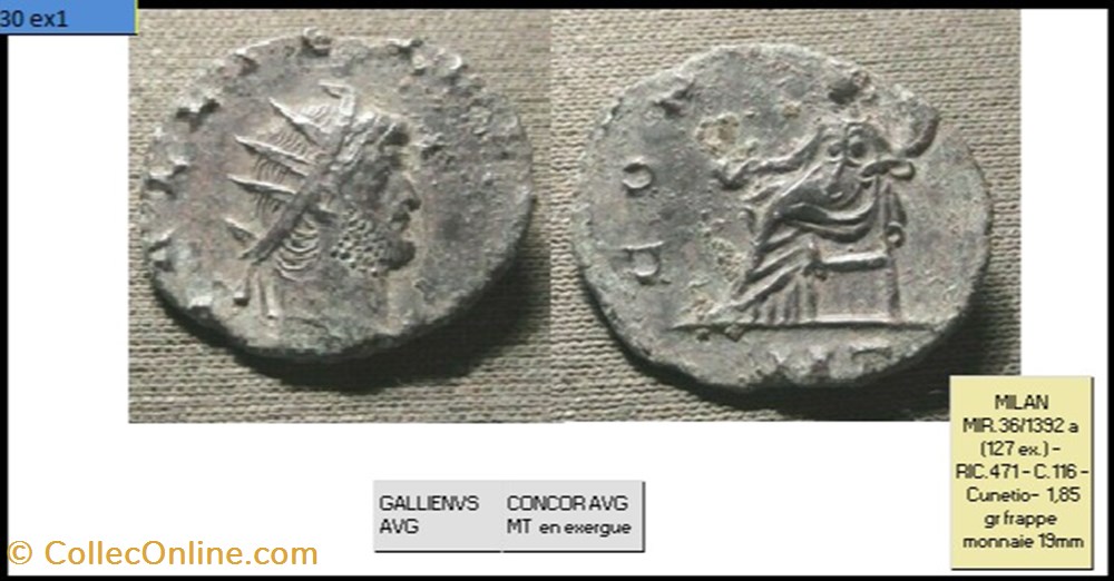 MILAN GALLIEN CONCOR AVG MT en exergue GALLIENVS AVG monnaies antiques romaines imperiales et republicaines milan gallien concor avg mt en exergue gallienvs avg
