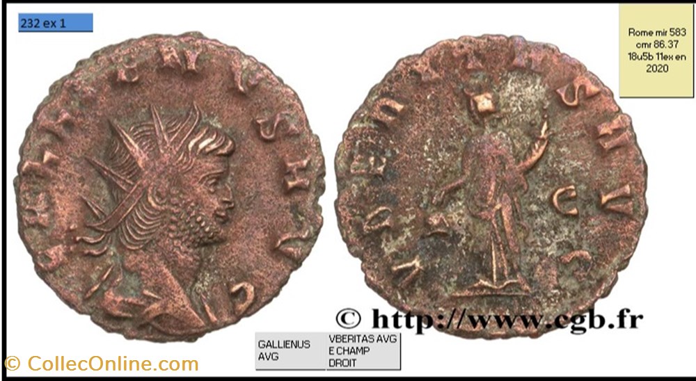 monnaies antiques romaines imperiales et republicaines rome gallien vberitas avg e champ droit gallienus avg