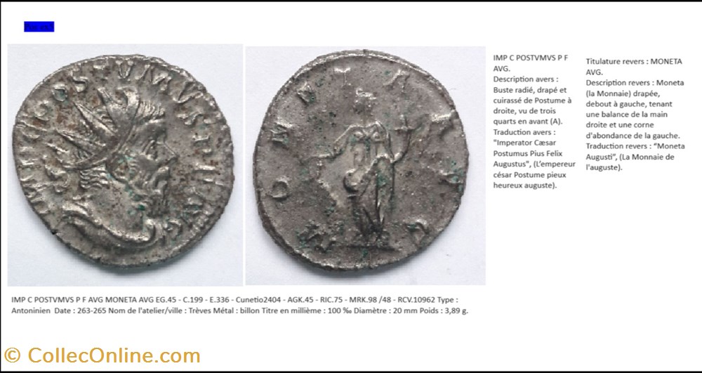TREVES POSTUME MONETA AVG IMP C POSTUMUS PF AVG monnaies antiques romaines imperiales republicaines treves postume moneta avg imp c postumus pf avg