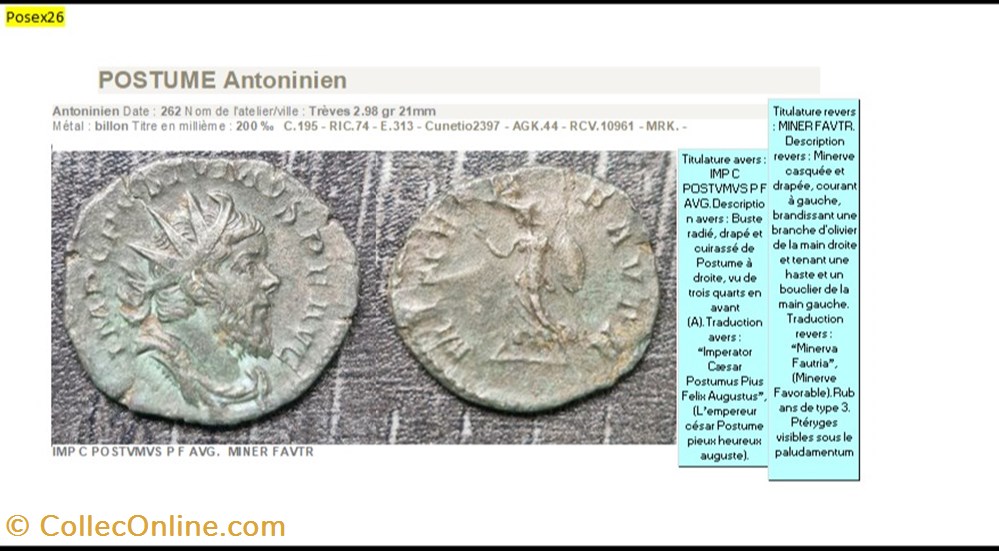 TREVES POSTUME MINER FAVTR IMP C POSTVMVS P F AVG monnaies antiques romaines imperiales et republicaines treves postume miner favtr imp c postvmvs p f avg