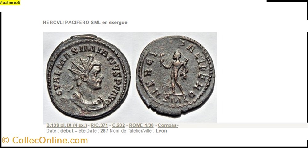 LYON MAXIMIEN HERCULE HERCVLI PACIFERO SML en exergue IMP C VAL MAXIMIANVS P F AVG monnaies antiques romaines imperiales et republicaines lyon maximien hercule hercvli pacifero sml en exergue imp c val maximianvs p f avg