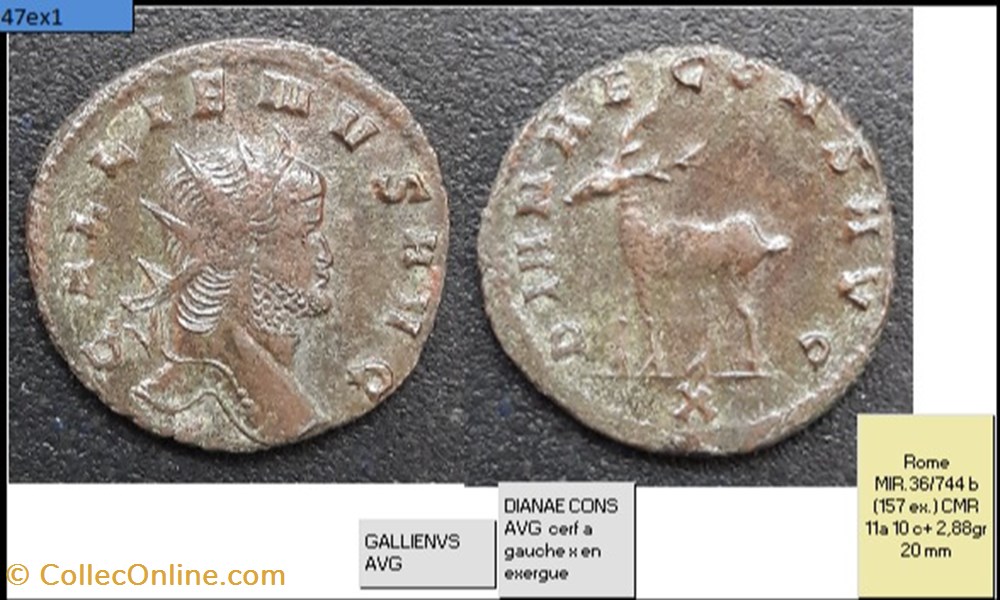 ROME GALLIEN DIANAE CONS AVG cerf a gauche x en exergue GALLIENVS AVG monnaies antiques romaines imperiales et republicaines rome gallien dianae cons avg cerf a gauche x en exergue gallienvs avg
