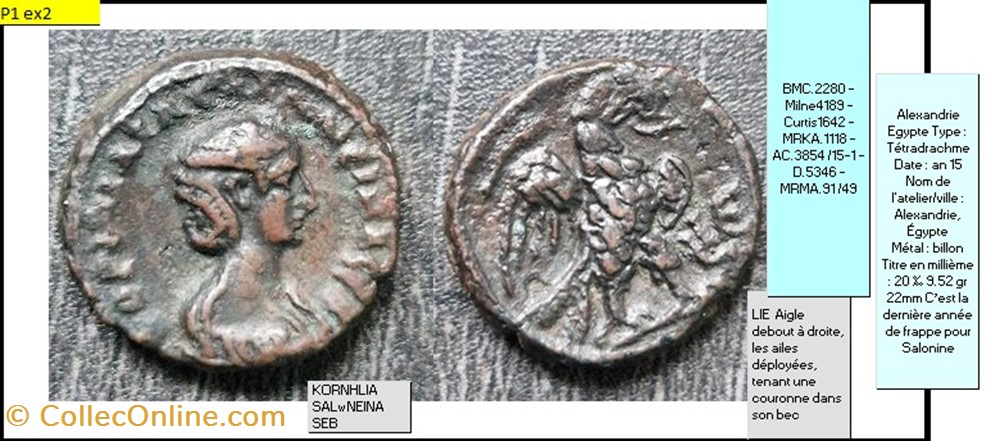 monnaies antiques romaines imperiales et republicaines provinciale salonine alexandrie kornhlia salwneina seb lie