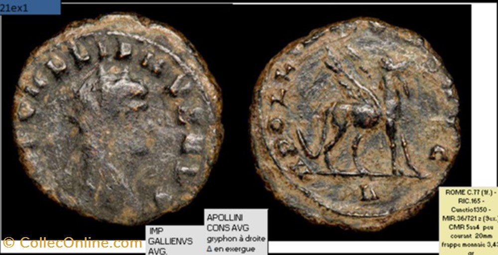 ROME GALLIEN APOLLINI CONS AVG gryphon à droite Δ en exergue IMP GALLIENVS AVG. monnaies antiques romaines imperiales et republicaines rome gallien apollini cons avg gryphon a droite en exergue imp gallienvs avg