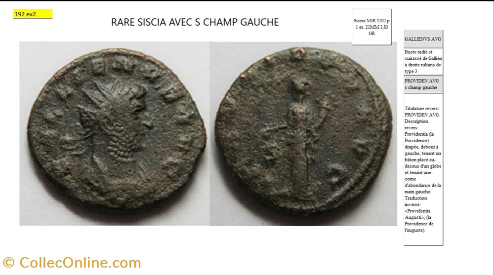 SISCIA GALLIEN PROVIDEN AVG s champ gauche GALLIENUS AVG monnaies antiques romaines imperiales et republicaines siscia gallien providen avg s champ gauche gallienus avg