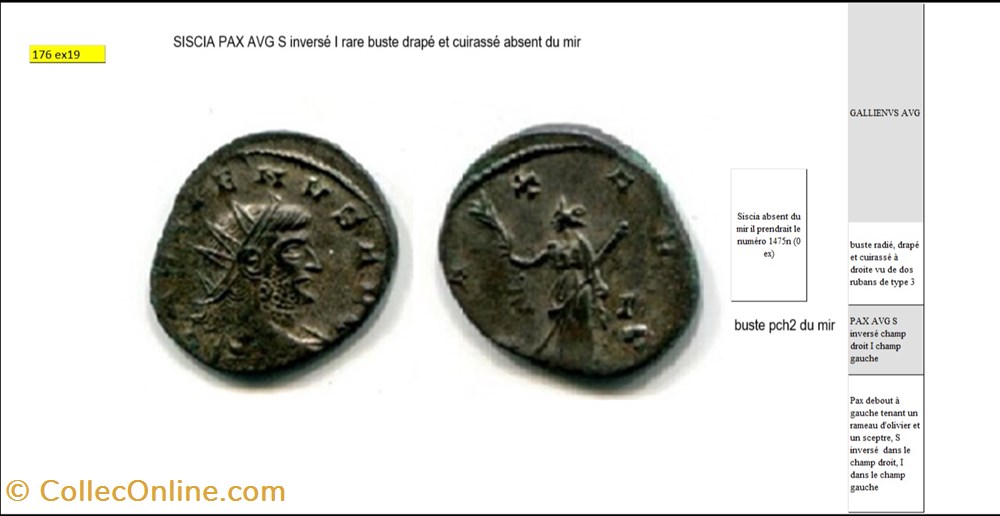 monnaies antiques romaines imperiales et republicaines siscia gallien pax avg s dans le champ droit i dans le champ gauche gallienus avg