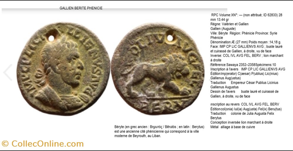 PROVINCIALE GALLIEN BERYTE PHENICIE COL IVL AVG FEL BERV EN EXERGUE IMP CP LIC GALLIENVS AVG monnaies antiques romaines provinciales provinciale gallien beryte phenicie col ivl avg fel berv en exergue imp cp lic gallienvs avg