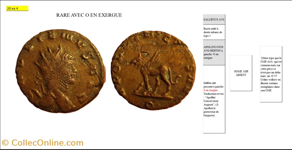 ROME GALLIEN APOLLINI CONS AVG GRIFFON à gauche O en exergue GALLIENUS AVG monnaies antiques romaines imperiales et republicaines rome gallien apollini cons avg griffon a gauche o en exergue gallienus avg