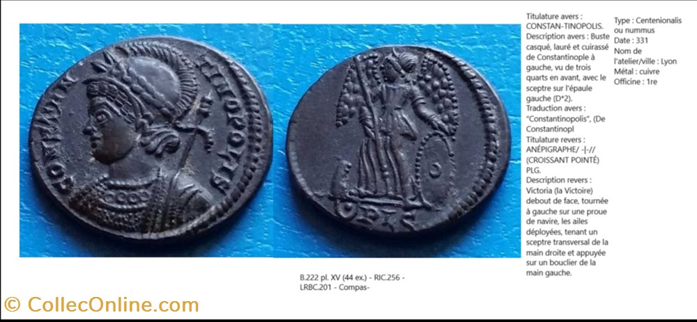 LYON CONSTANTINOPLE CONSTANTINOPOLIS ANÉPIGRAPHE CROISSANT POINTÉ PLG EN EXERGUE monnaies antiques romaines imperiales et republicaines lyon constantinople constantinopolis anepigraphe croissant pointe plg en exergue
