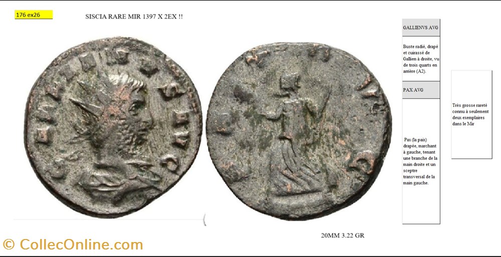 SISCIA GALLIEN PAX AVG marchant à gauche GALLIENUS AVG monnaies antiques romaines imperiales et republicaines siscia gallien pax avg marchant a gauche gallienus avg