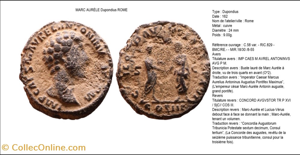 monnaies antiques romaines imperiales et republicaines rome marc aurele concord avgvstor tr p xvi s c cos iii imp caes m avrel antoninvs avg p m