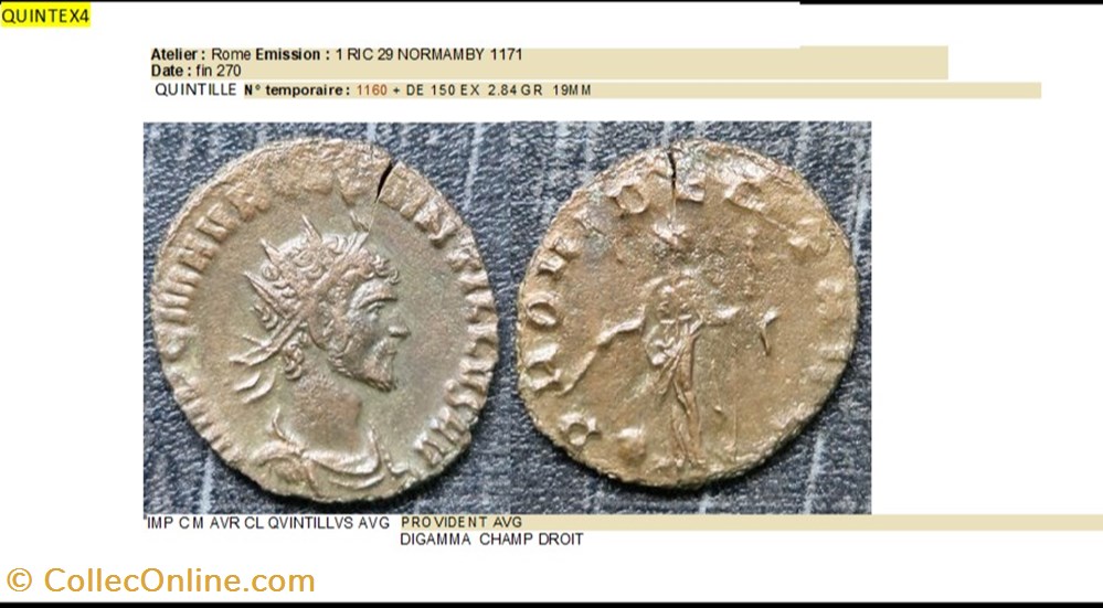 ROME QUINTILLE PROVIDENT AVG DIGAMMA CHAMP DROIT IMP C M AVR CL QVINTILLVS AVG monnaies antiques romaines imperiales et republicaines rome quintille provident avg digamma champ droit imp c m avr cl qvintillvs avg