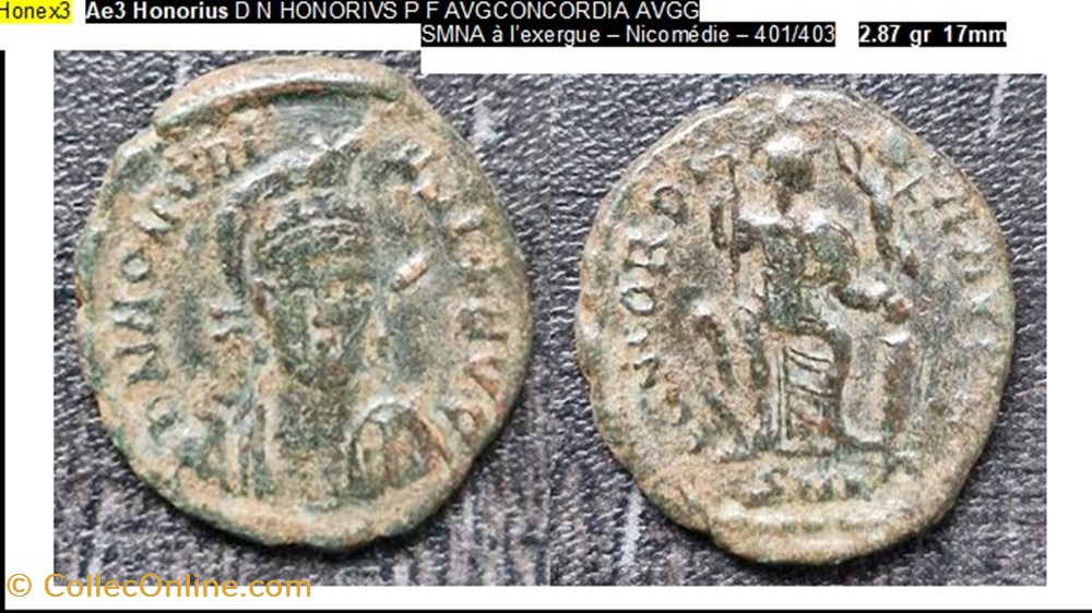 NICOMEDIE HONORIUS CONCORDIA AVGG SMNA à l’exergue D N HONORIVS P F AVG monnaies antiques romaines imperiales et republicaines nicomedie honorius concordia avgg smna a l exergue d n honorivs p f avg