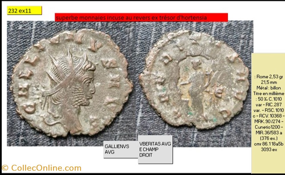 INCUSE ROME GALLIEN VBERITAS AVG E CHAMP DROIT GALLIENVS AVG monnaies antiques romaines imperiales et republicaines incuse rome gallien vberitas avg e champ droit gallienvs avg