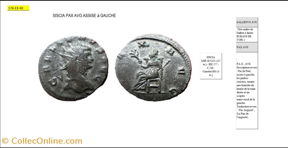 monnaies antiques romaines imperiales et republicaines siscia gallien pax avg assise a gauche gallienus avg