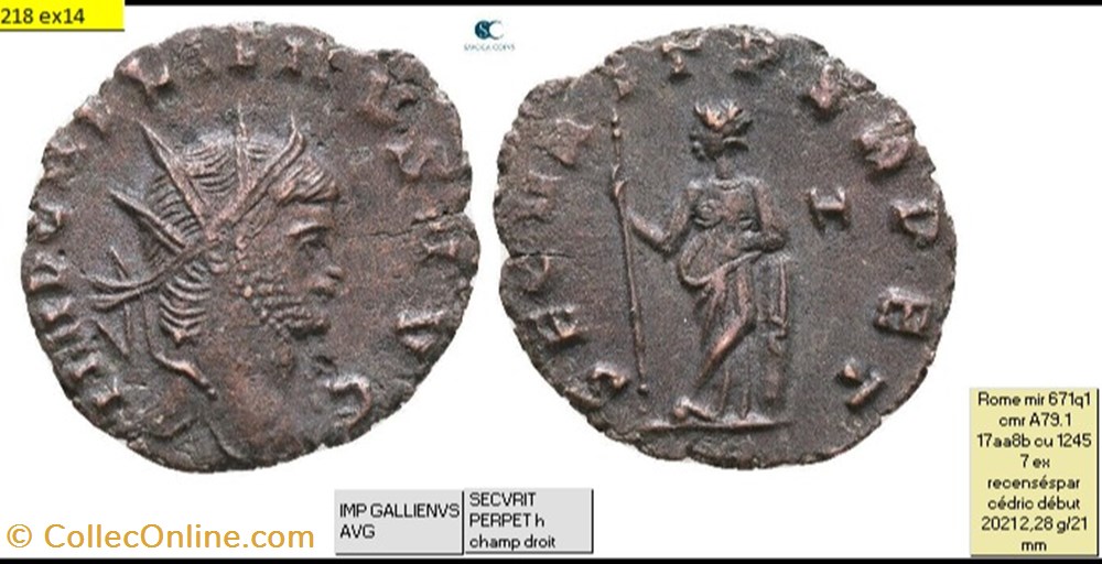 ROME GALLIEN SECVRIT PERPET h champ droit IMP GALLIENVS AVG monnaies antiques romaines imperiales republicaines rome gallien secvrit perpet h champ droit imp gallienvs avg