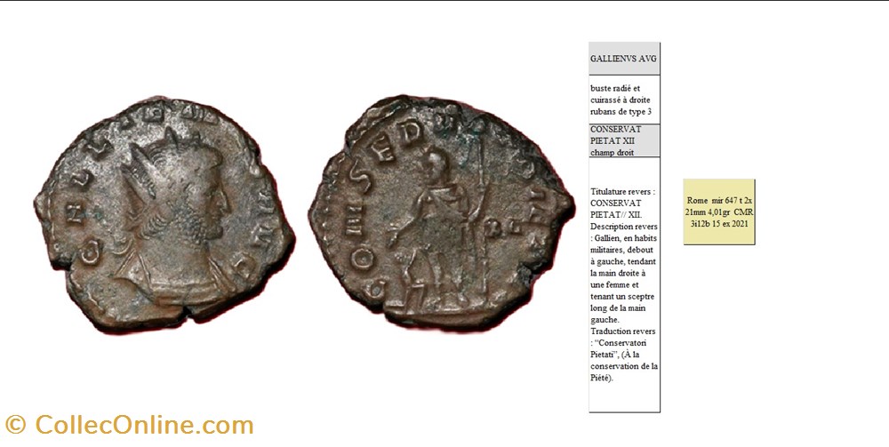 monnaies antiques romaines imperiales republicaines rome gallien conservat pietat xii champ droit gallienvs avg