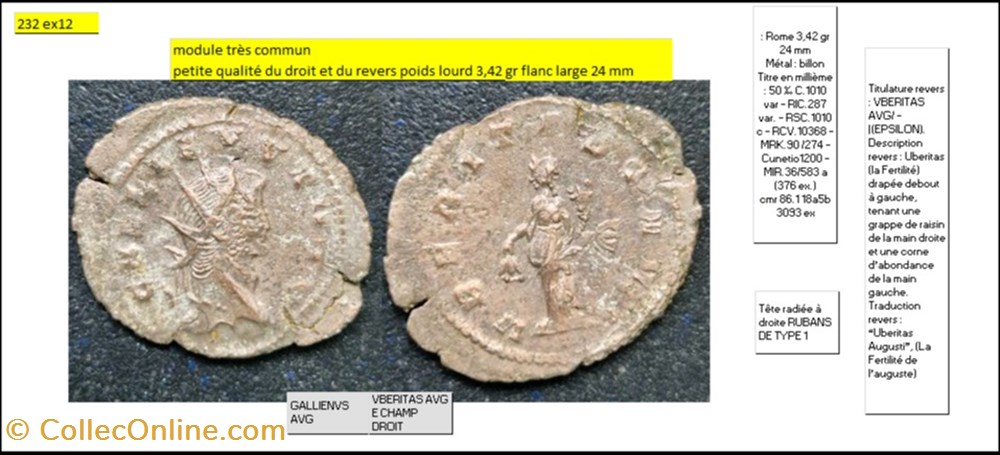 monnaies antiques romaines imperiales et republicaines rome gallien vberitas avg e champ droit gallienvs avg