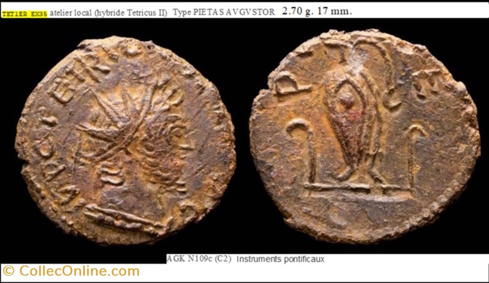 IMITATION TETRICUS I PIETAS AUGUSTOR INSTRUMENTS PONTIFICAUX (TETRICUS II) monnaies antiques romaines imperiales republicaines imitation tetricus i pietas augustor instruments pontificaux tetricus ii