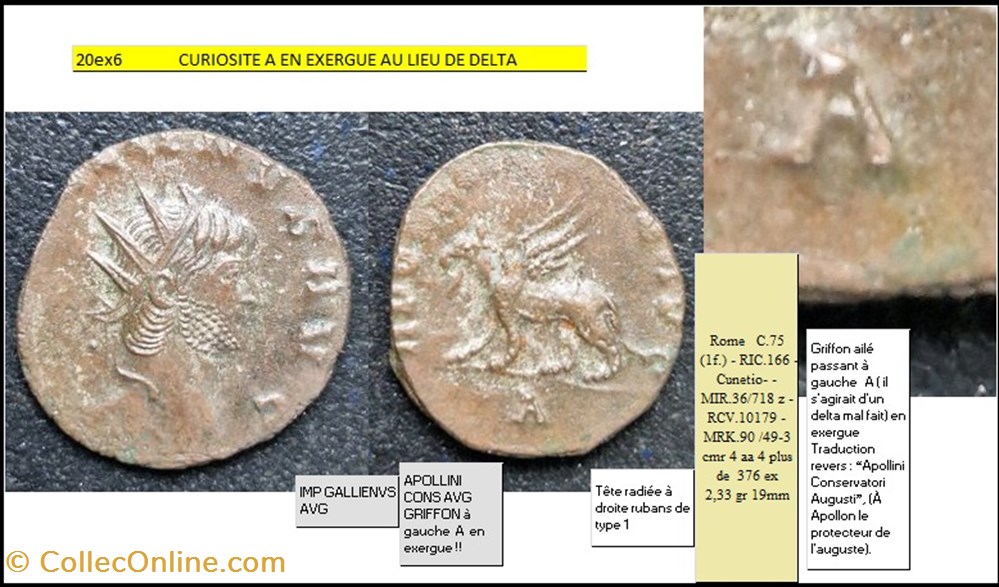 ROME GALLIEN APOLLINI CONS AVG GRIFFON à gauche A en exergue !! IMP GALLIENVS AVG monnaies antiques romaines imperiales et republicaines rome gallien apollini cons avg griffon a gauche a en exergue imp gallienvs avg
