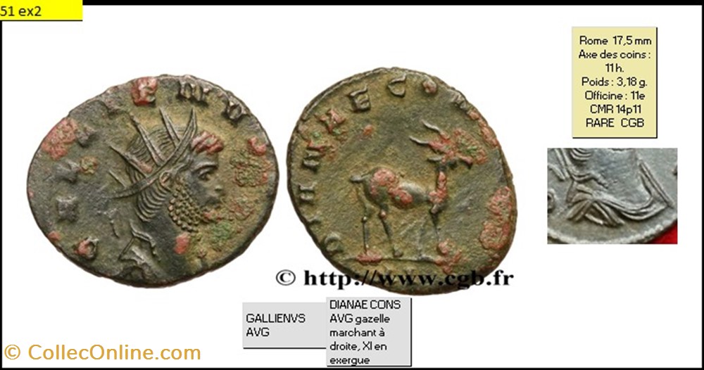 monnaies antiques romaines imperiales et republicaines rome gallien dianae cons avg gazelle a droite xi en exergue gallienvs avg