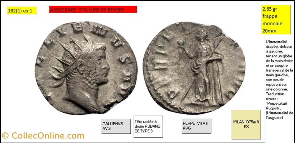 MILAN GALLIEN PERPETVITATI AVG GALLIENVS AVG monnaies antiques romaines imperiales republicaines milan gallien perpetvitati avg gallienvs avg