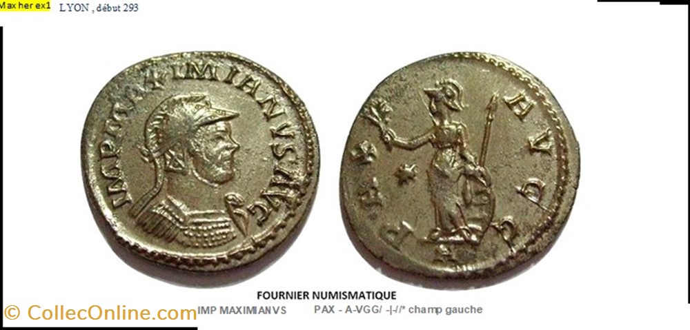 LYON MAXIMIEN HERCULE PAX AVGG étoile champ gauche A en exergue IMP MAXIMIANVS AVG monnaies antiques romaines imperiales republicaines lyon maximien hercule pax avgg etoile champ gauche a en exergue imp maximianvs avg
