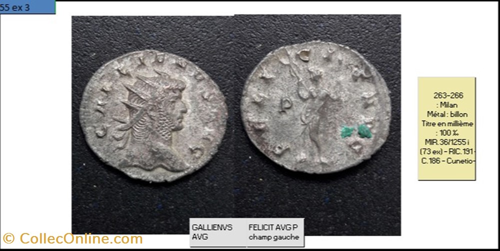MILAN GALLIEN FELICIT AVG P champ gauche GALLIENVS AVG monnaies antiques romaines imperiales et republicaines milan gallien felicit avg p champ gauche gallienvs avg