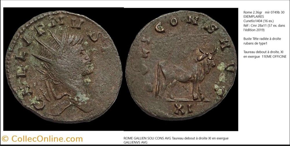 monnaies antiques romaines imperiales et republicaines rome gallien soli cons avg taureau debout a droite xi en exergue gallienvs avg