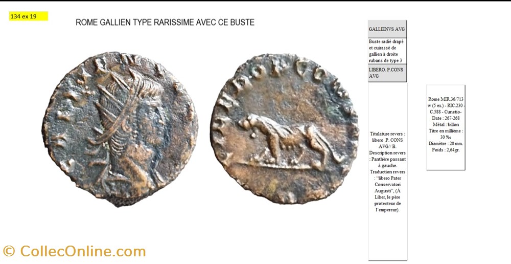 ROME GALLIEN LIBERO.P.CONS AVG Panthère marchant à gauche, B en exergue GALLIENVS AVG monnaies antiques romaines imperiales et republicaines rome gallien libero p cons avg panthere marchant a gauche b en exergue gallienvs avg