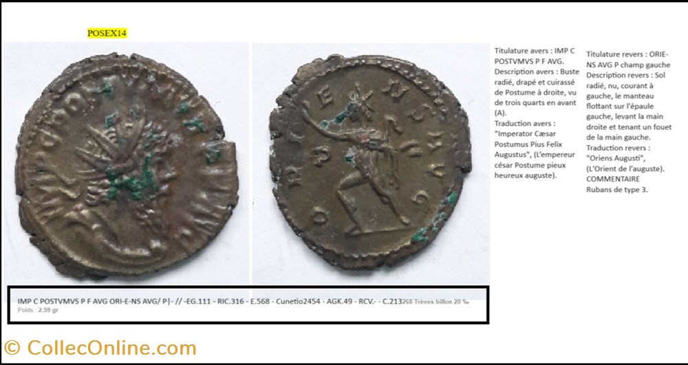 TREVES POSTUME ORIENS AVG P CHAMP GAUCHE IMP C POSTUMUS PF AVG monnaies antiques romaines imperiales et republicaines treves postume oriens avg p champ gauche imp c postumus pf avg