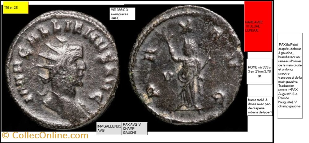 monnaies antiques romaines imperiales et republicaines rome gallien pax avg v champ gauche imp gallienvs avg