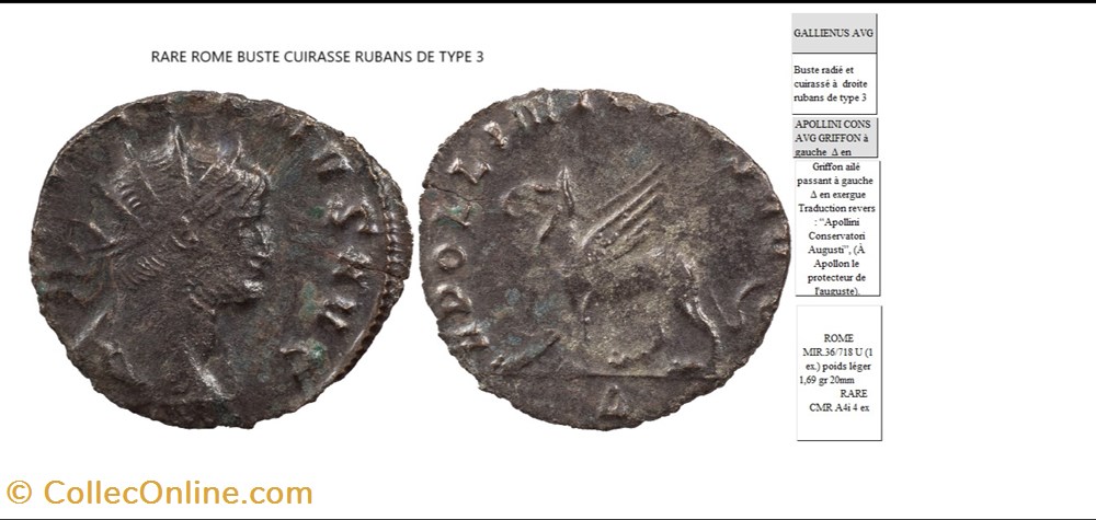 ROME GALLIEN APOLLINI CONS AVG GRIFFON à gauche Δ en exergue GALLIENUS AVG monnaies antiques romaines imperiales et republicaines rome gallien apollini cons avg griffon a gauche en exergue gallienus avg