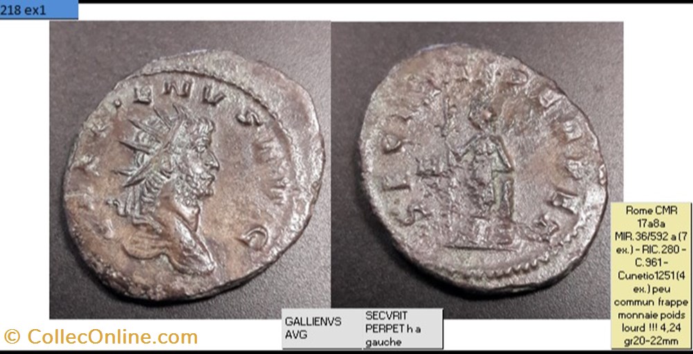 ROME GALLIEN SECVRIT PERPET h champ gauche GALLIENVS AVG monnaies antiques romaines imperiales republicaines rome gallien secvrit perpet h champ gauche gallienvs avg