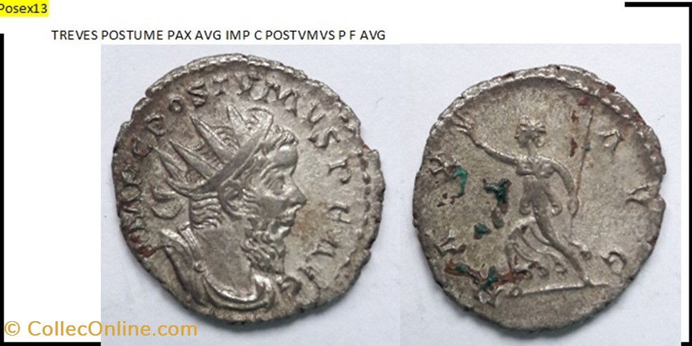TREVES POSTUME PAX (marche) AVG IMP C POSTVMVS P F AVG monnaies antiques romaines imperiales et republicaines treves postume pax marche avg imp c postvmvs p f avg
