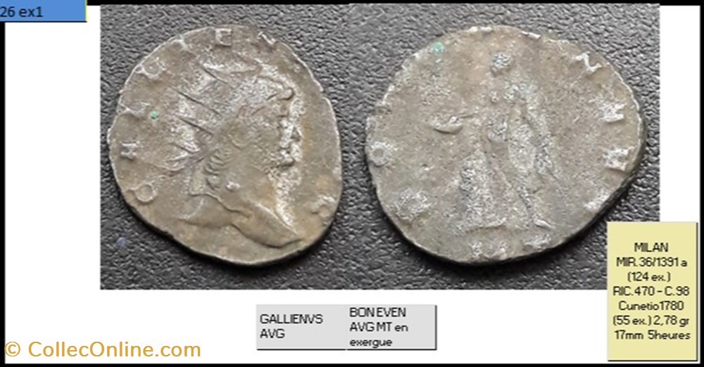 monnaies antiques romaines imperiales et republicaines milan gallien bon even avg mt en exergue gallienvs avg