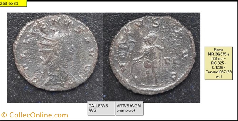 ROME GALLIEN VIRTVS AVG VI champ droit GALLIENVS AVG monnaies antiques romaines imperiales et republicaines rome gallien virtvs avg vi champ droit gallienvs avg