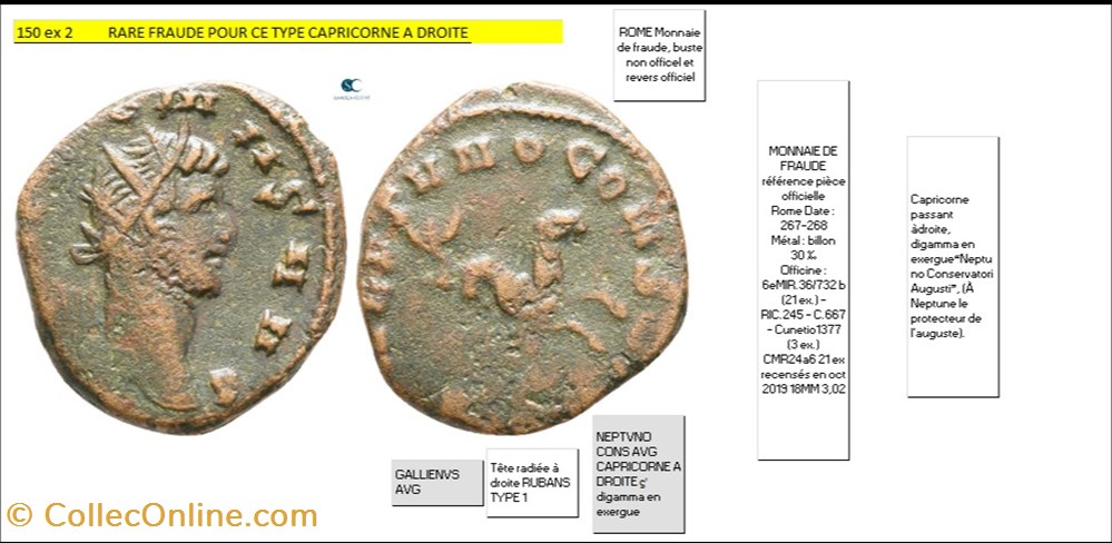 FRAUDE GALLIEN NEPTVNO CONS AVG CAPRICORNE A DROITE ϛʹ digamma en exergue GALLIENVS AVG monnaies antiques romaines imperiales et republicaines fraude gallien neptvno cons avg capricorne a droite digamma en exergue gallienvs avg