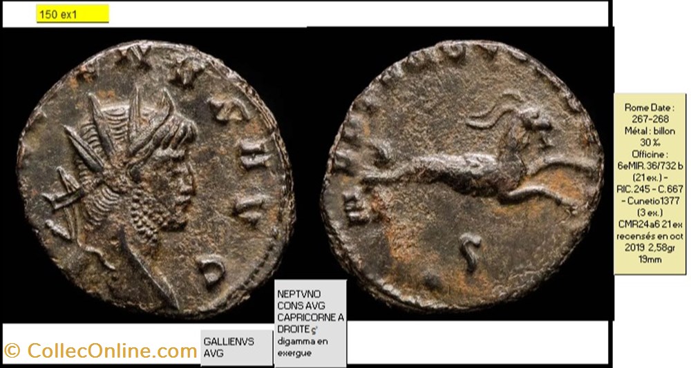 ROME GALLIEN NEPTVNO CONS AVG CAPRICORNE A DROITE ϛʹ digamma en exergue GALLIENVS AVG monnaies antiques romaines imperiales et republicaines rome gallien neptvno cons avg capricorne a droite digamma en exergue gallienvs avg
