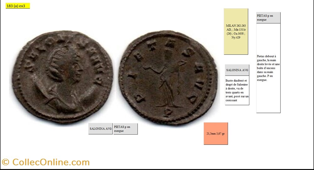 MILAN SALONINE PIETAS P EN EXERGUE SALONINA AVG monnaies antiques romaines imperiales republicaines milan salonine pietas p en exergue salonina avg